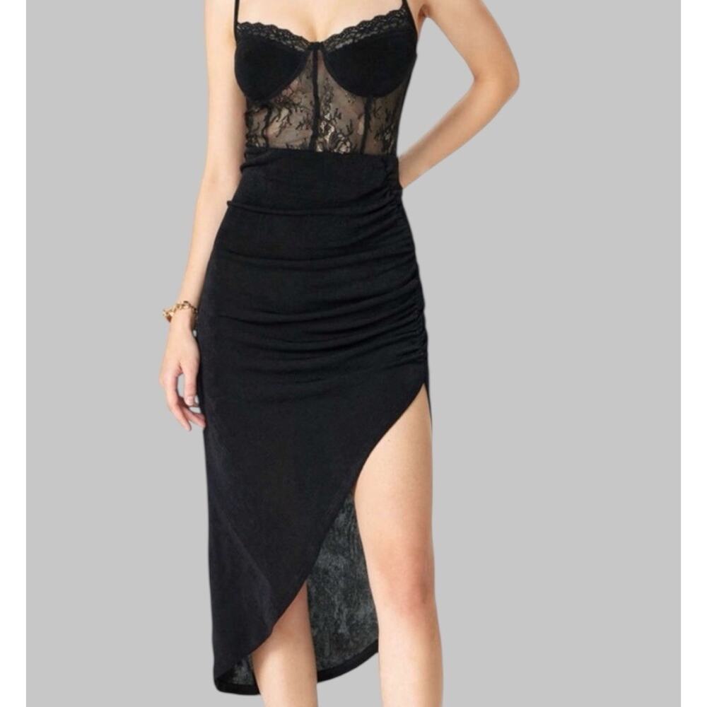 Cider Black Lace Whimsigoth Stretchy Ruched Split Cami Midi Dress Juniors Size L